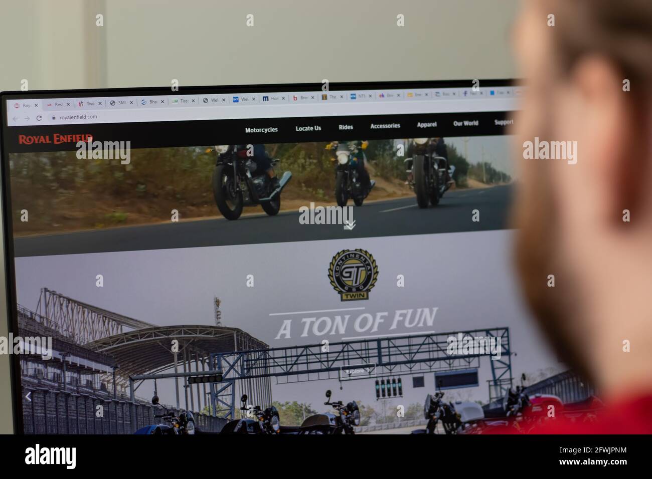 New York, USA - 1 May 2021: Royal Enfield company website with logo on screen, Illustrative Editorial Stock Photo
