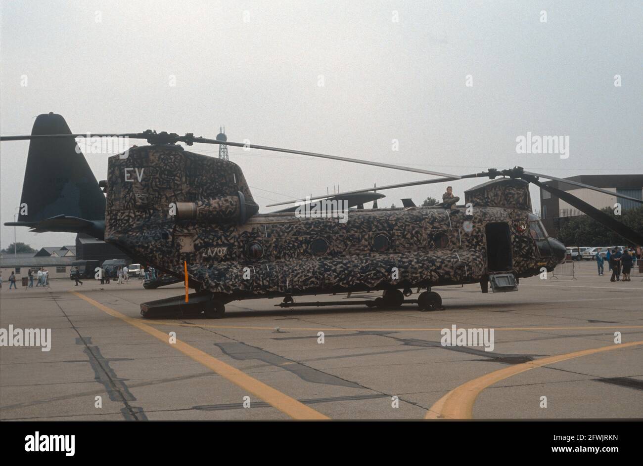 An RAF CH-47C Chinook in Desert Storm camouflage on static display at the 1991 Mildenhall Air Fete. Stock Photo
