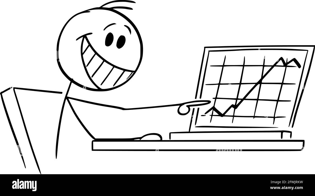 Happy Successful Businessman or Investor Showing Raising Financial Graph on Computer, Vector Cartoon Stick Figure Illustration Stock Vector