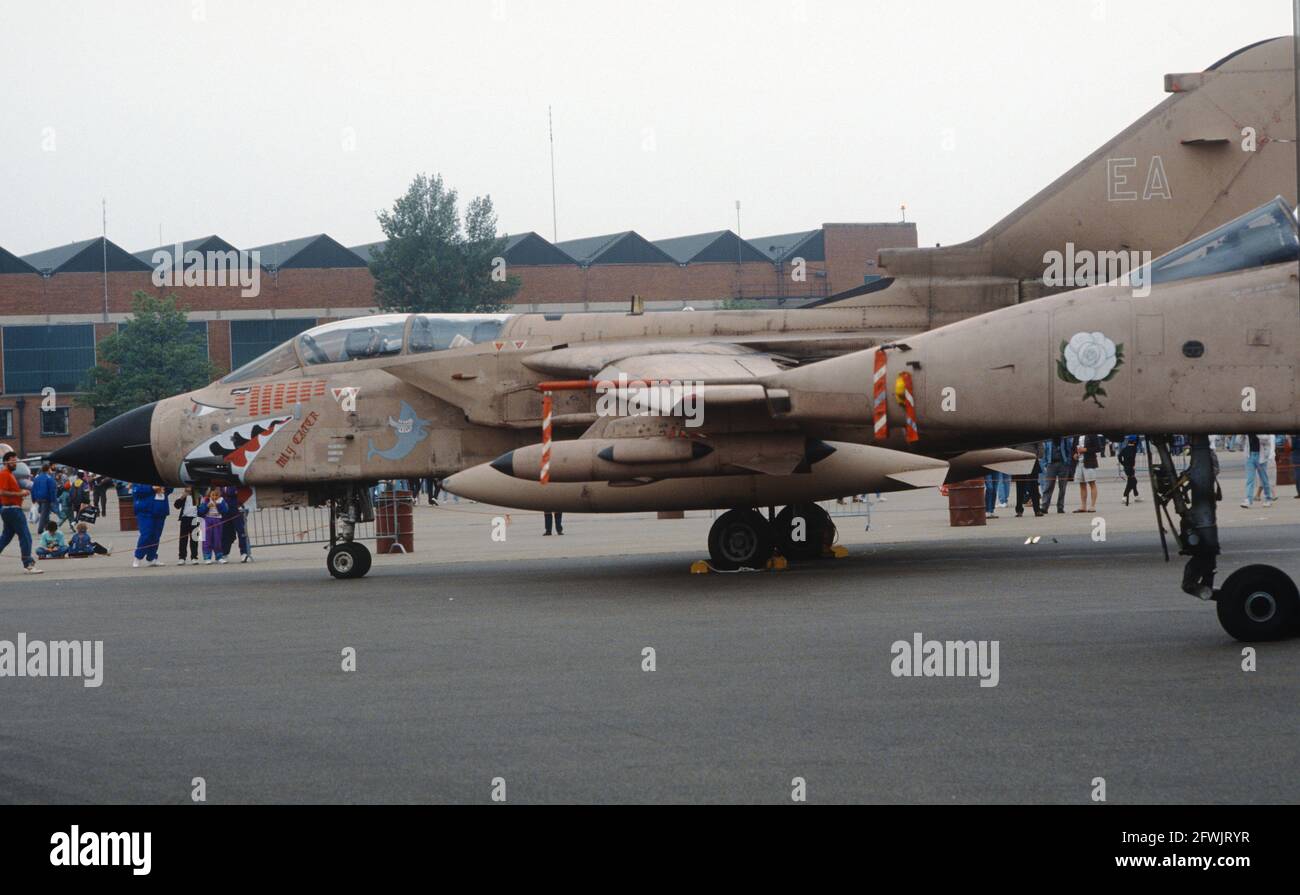 RAF Jaguar and Tornado aircraft in Desert Pink camouflage on static display at the 1991 Mildenhall Air Fete. Stock Photo