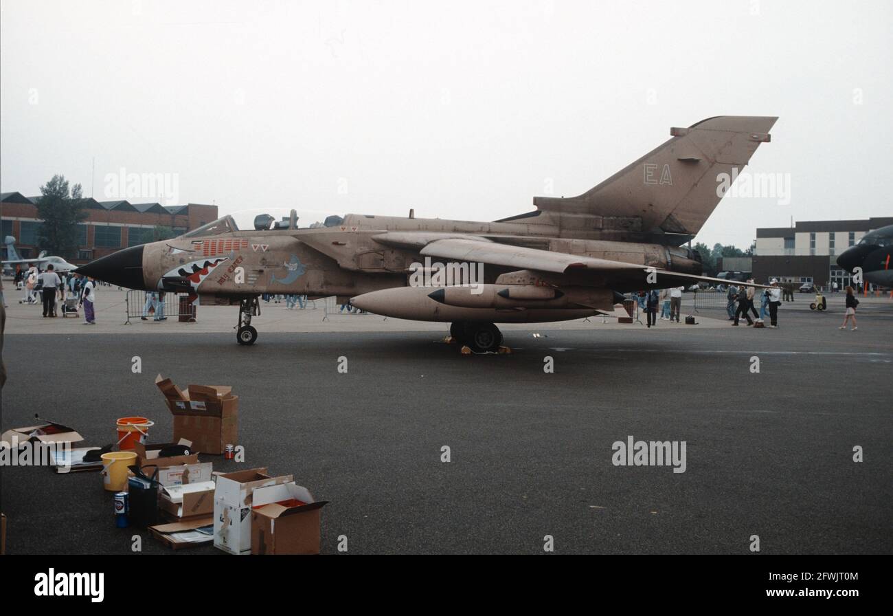 An RAF Panavia Tornado GR1 in Desert Pink camouflage on static display at the 1991 Mildenhall Air Fete. Stock Photo