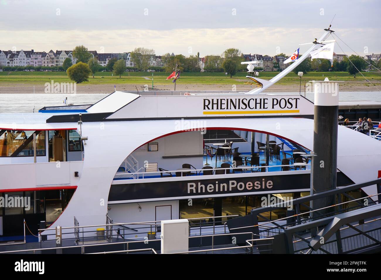 'RheinPoesie' cruise/excursion ship at Rhine river in Düsseldorf. Stock Photo