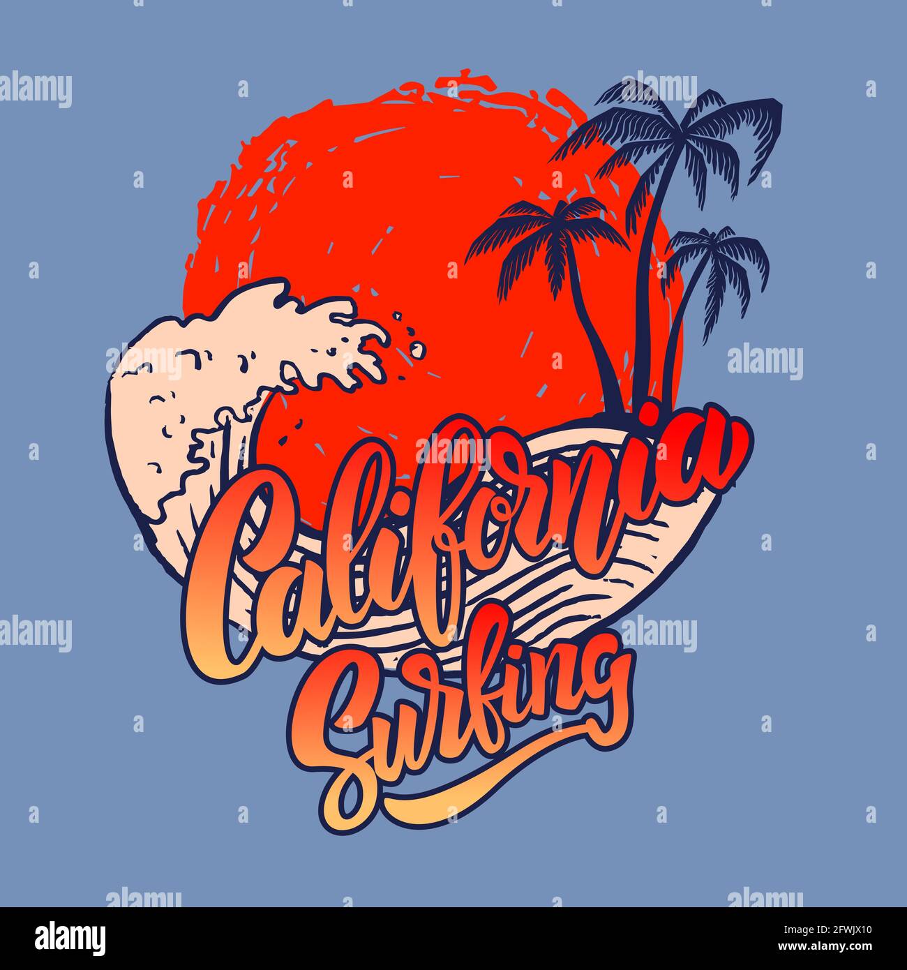California surfing. Emblem template with sea waves and palms. Design element for poster, card, banner, sign, emblem. Vector illustration Stock Vector
