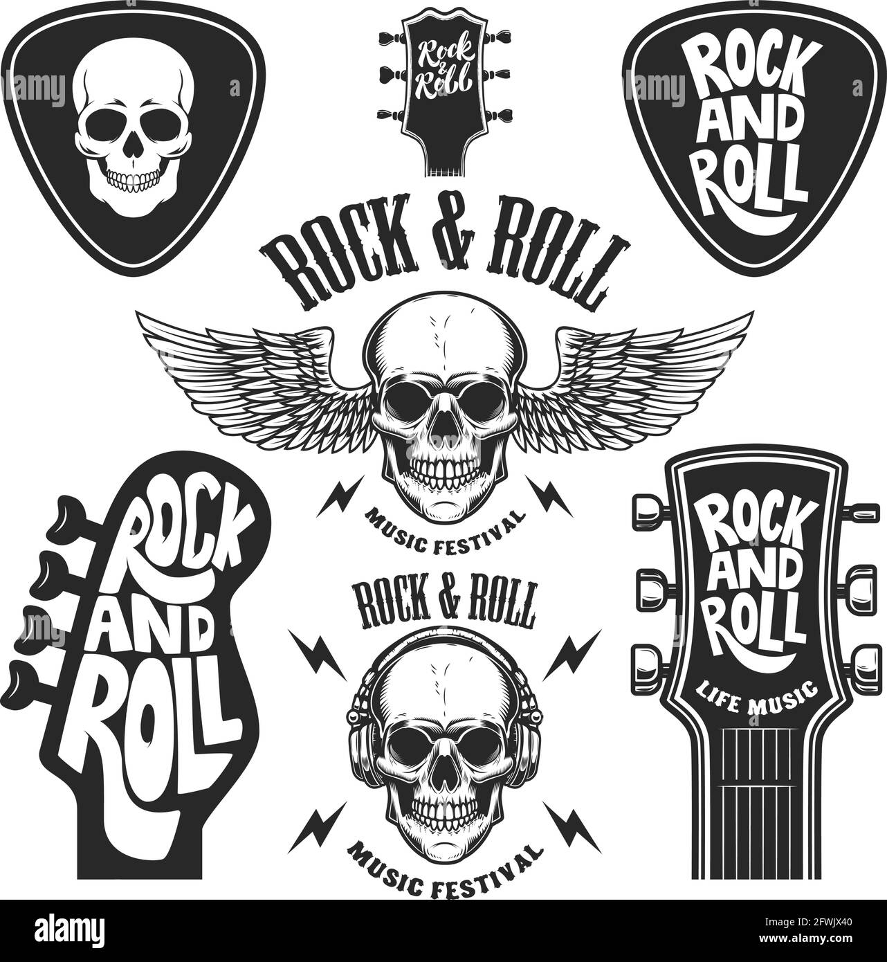 Rock n roll stickers set Royalty Free Vector Image