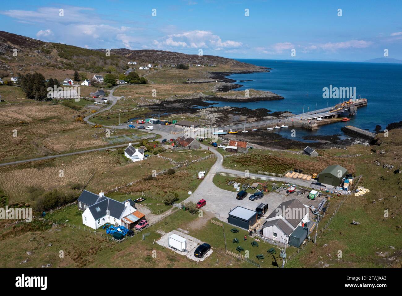 Aerial view of Scalasaig, Isle of Colonsay, Inner Hebrides, Scotland. Stock Photo