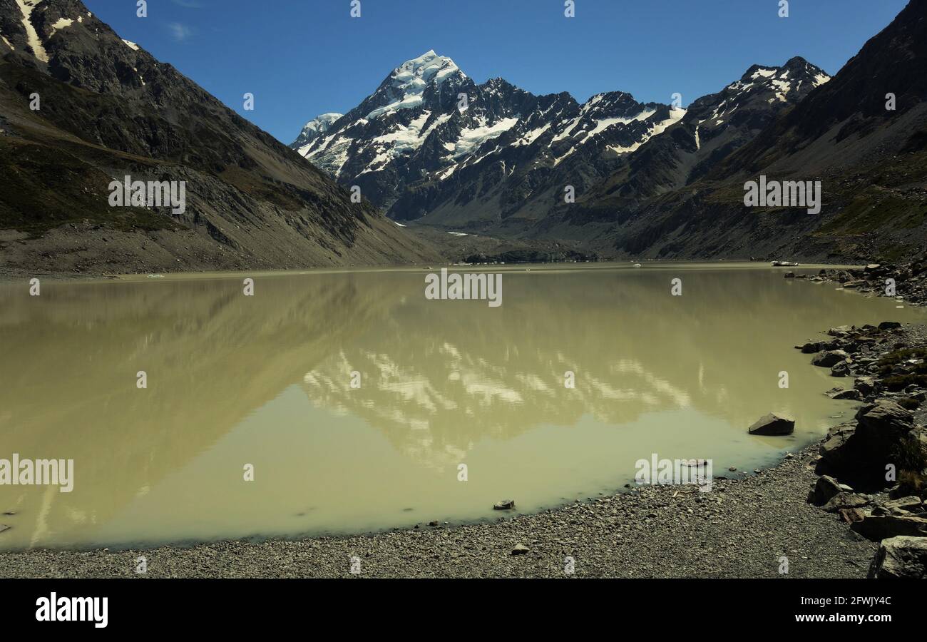Amazing shot of Mt Cook with glacier and lake with reflection Stock ...