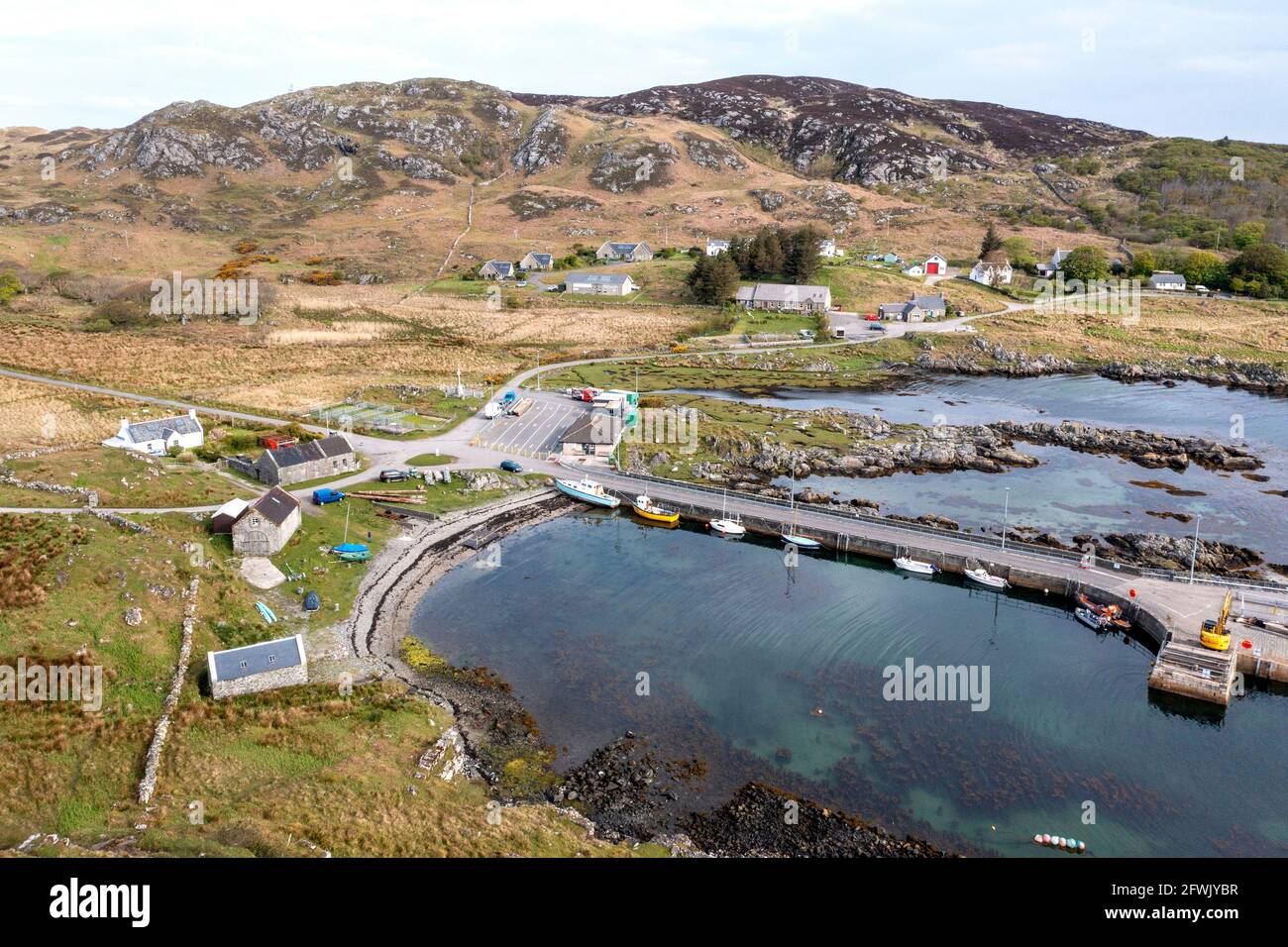 Aerial view of Scalasaig, Isle of Colonsay, Inner Hebrides, Scotland. Stock Photo