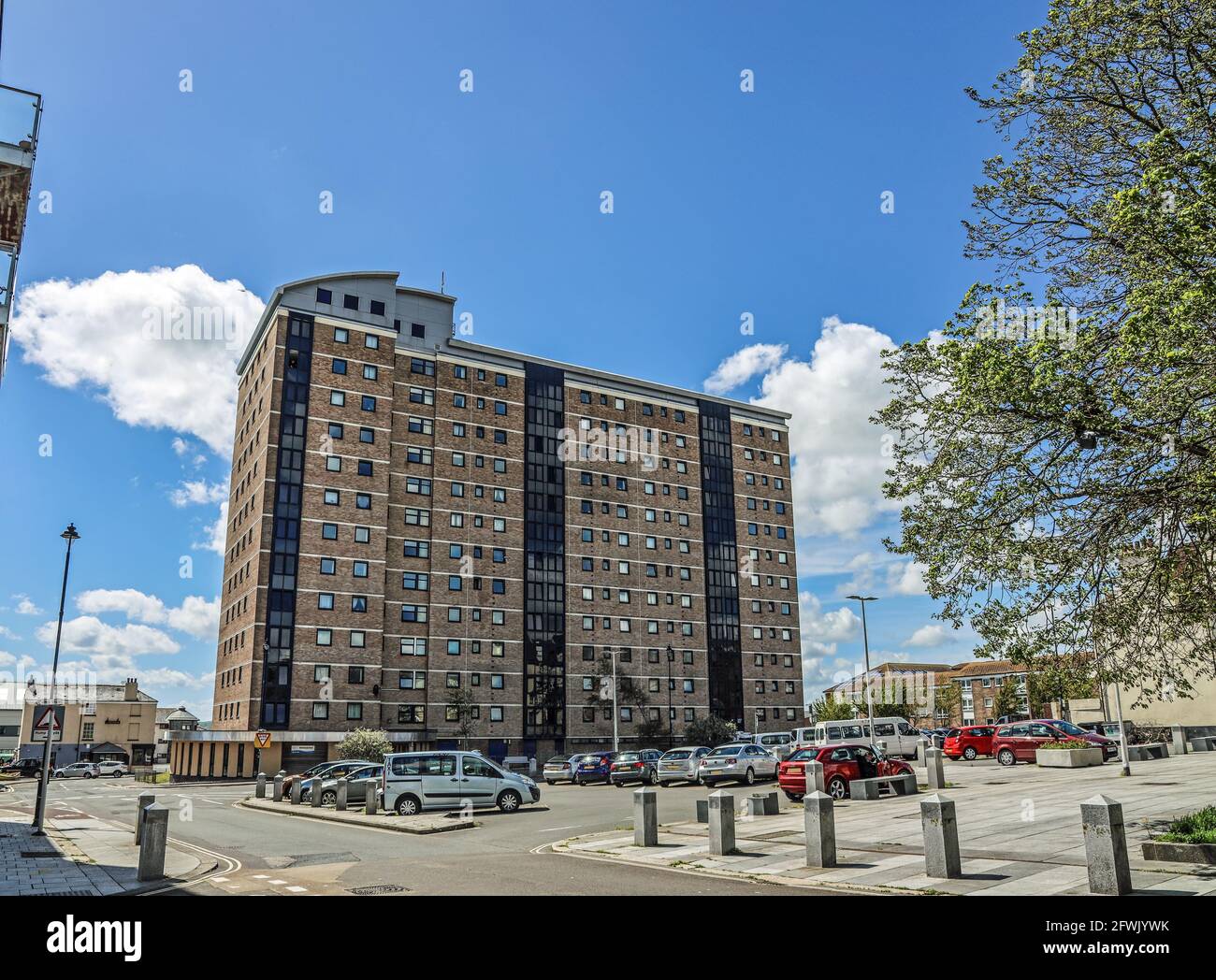 Marlborough House, high rise housing in Devonport Plymouth. Seen over Granby Green to the fore. Stock Photo