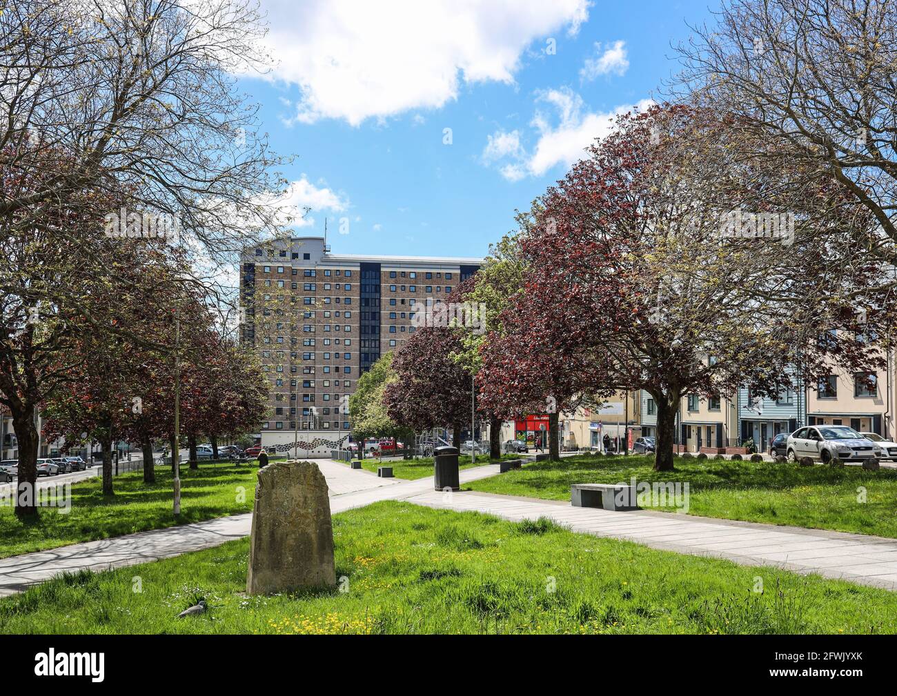 Marlborough House, high rise housing in Devonport Plymouth. Seen over Granby Green to the fore. Stock Photo