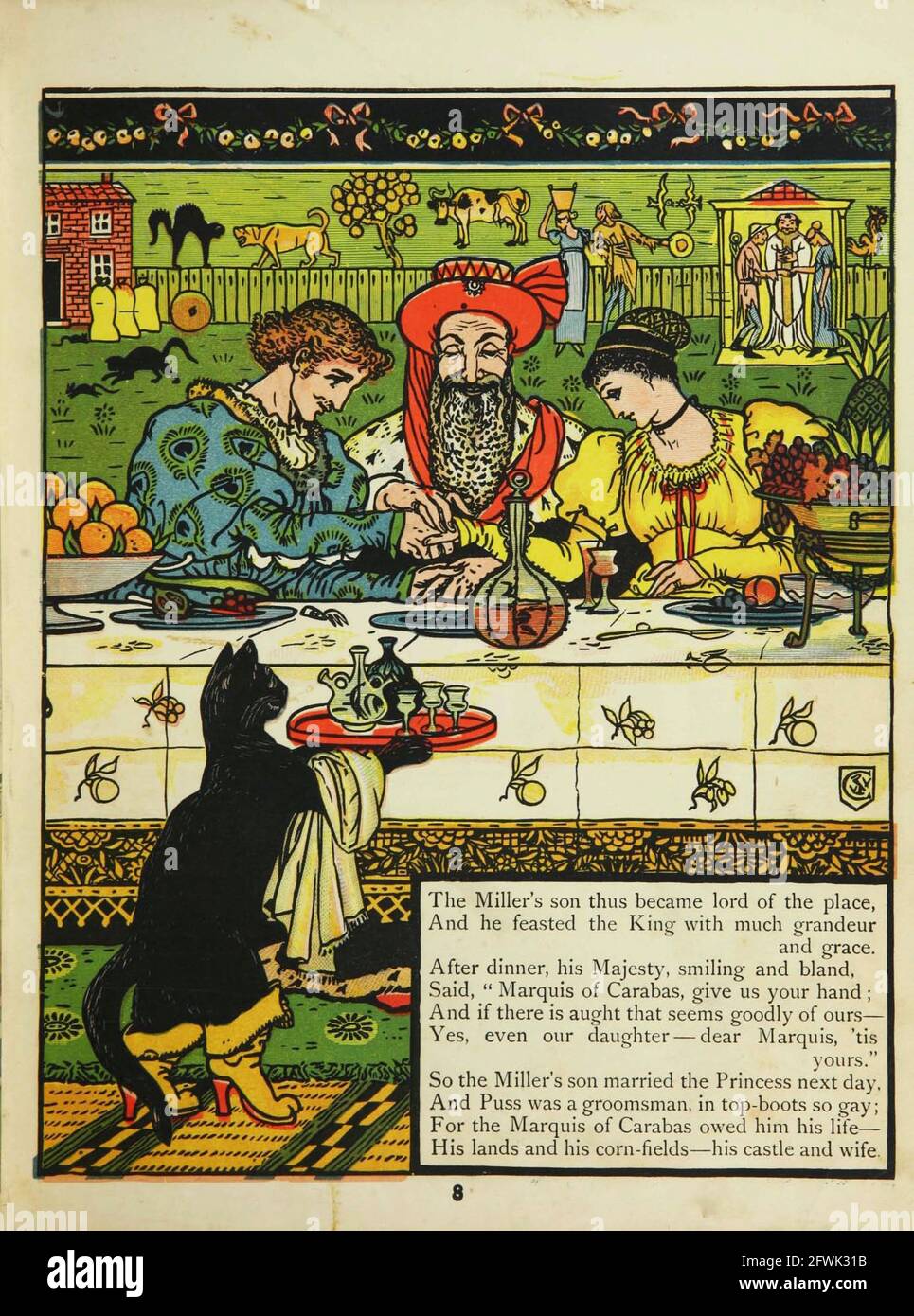 Puss in Boots [Master Cat or the Booted Cat is an Italian and later European literary fairy tale about an anthropomorphic cat who uses trickery and deceit to gain power, wealth, and the hand of a princess in marriage for his penniless and low-born master.] From the Book The Marquis of Carabas' picture book : containing Puss in Boots, Old Mother Hubbard, Valentine and Orson, the absurd ABC. Illustrated by Walter Crane, Edmund Evans, and Sarah Catherine Martin. Publisher London (The Broadway, Ludgate) ; New York (416 Broome Street) : George Routledge and Sons in 1874 Stock Photo