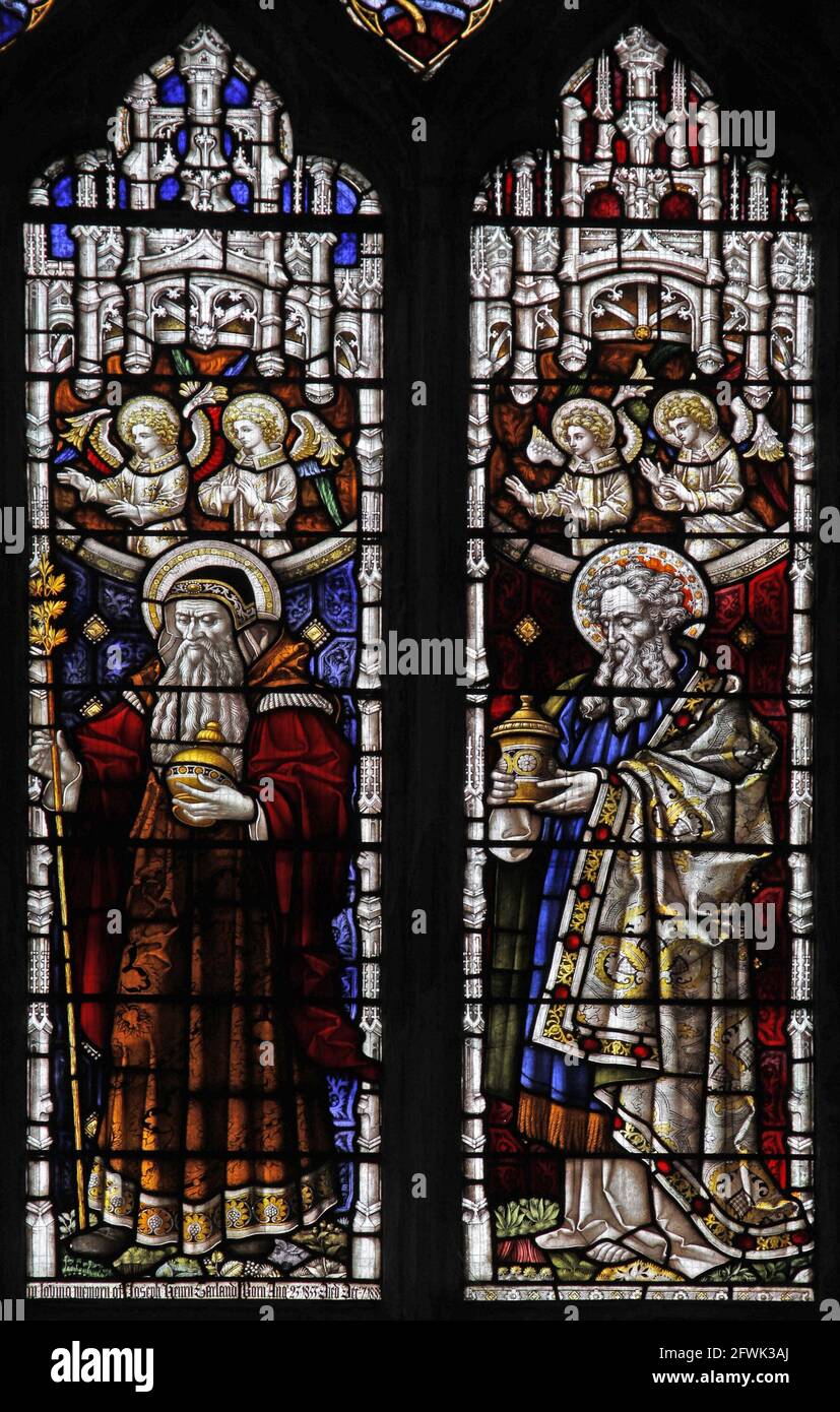 Stained glass window by clayton & bell depicting (right) Nicodemus and (left) Joseph of Arimathea, Lady St Mary  Church, Wareham, Dorset Stock Photo