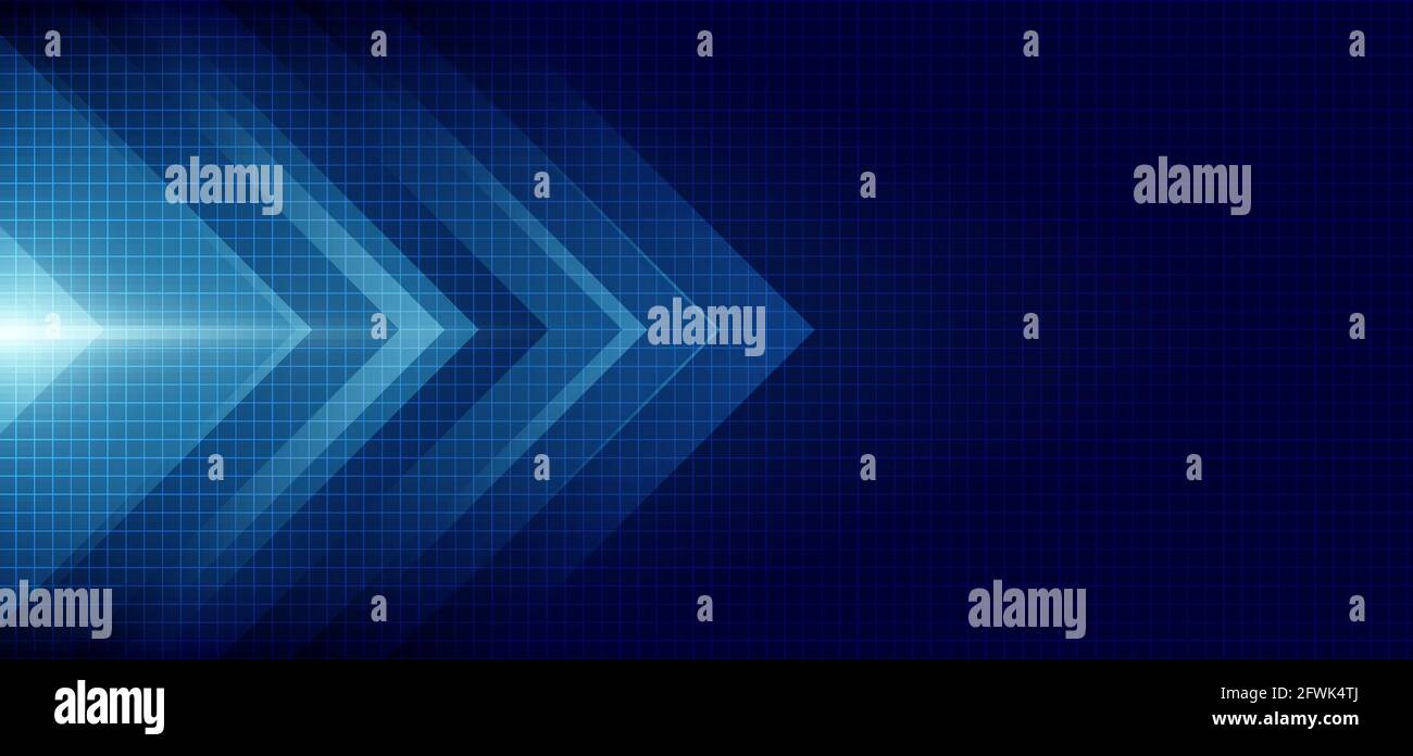 Abstract blue arrow glowing with lighting and line grid on blue ...