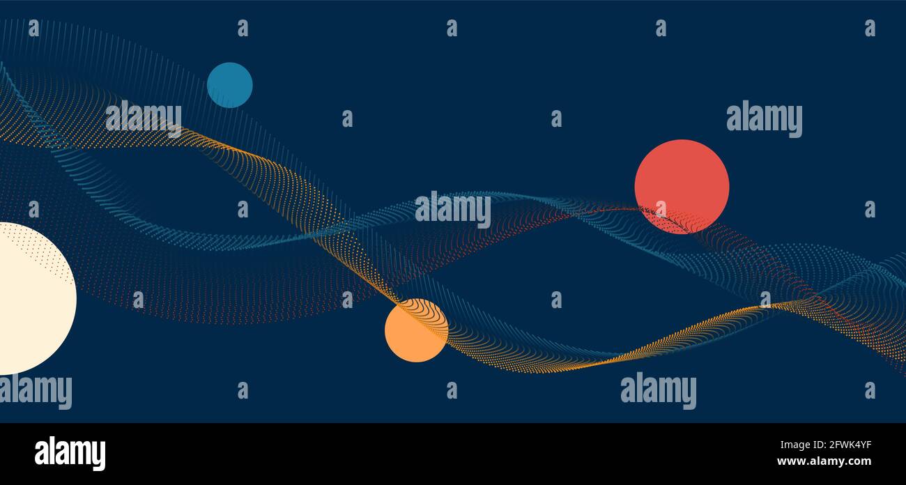 Abstract particles dot wave lines with circles elements on blue background. Vector illustration Stock Vector