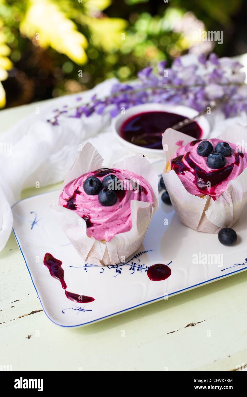 Two pink iced cupcakes with Blueberries and berry couli in garden setting Stock Photo