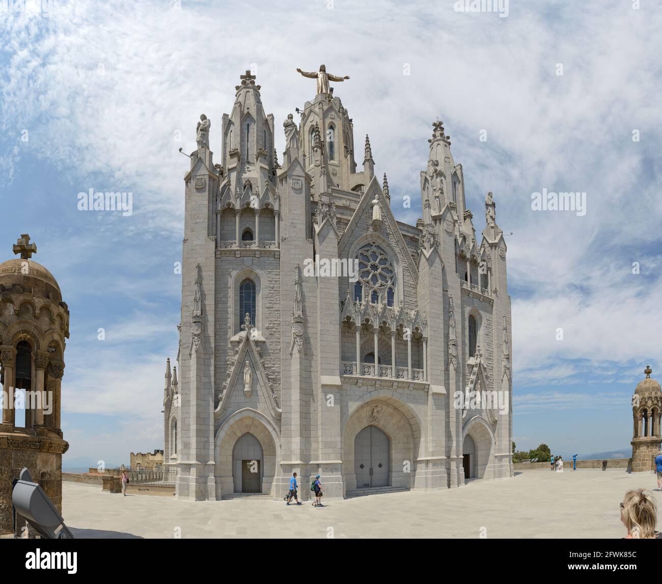 View of upper church Sagrat Cor (Sacred Heart of Jesus) Temple from lower observation deck on basilica top, Tibidabo mountain, Barcelona, Catalonia. Stock Photo