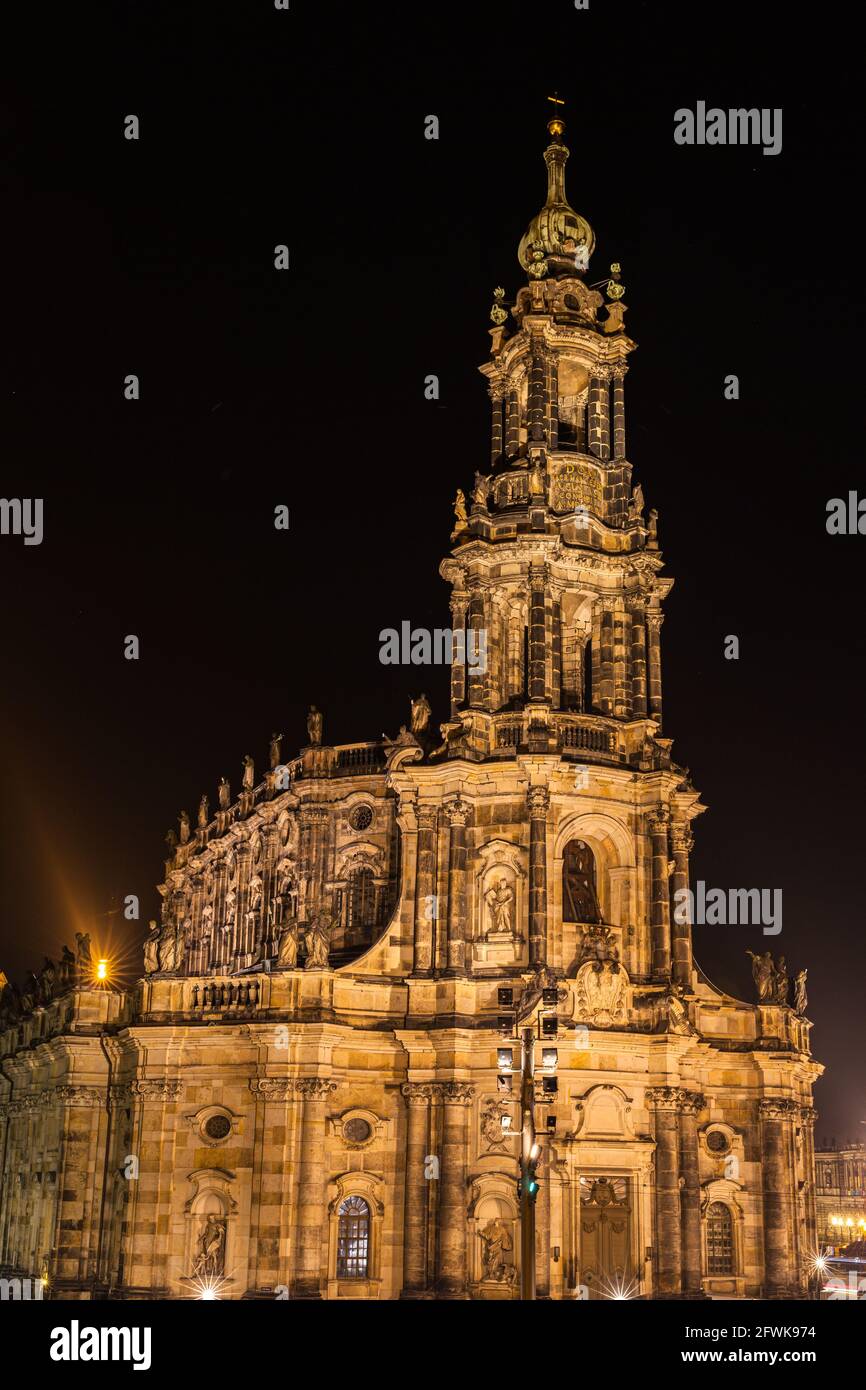 Stunning night view of the Dresdene Hofkirche (Dresden Cathedral) on Schloßplatz square near Elbe river in the old town of Dresden, Saxony, Germany. Stock Photo