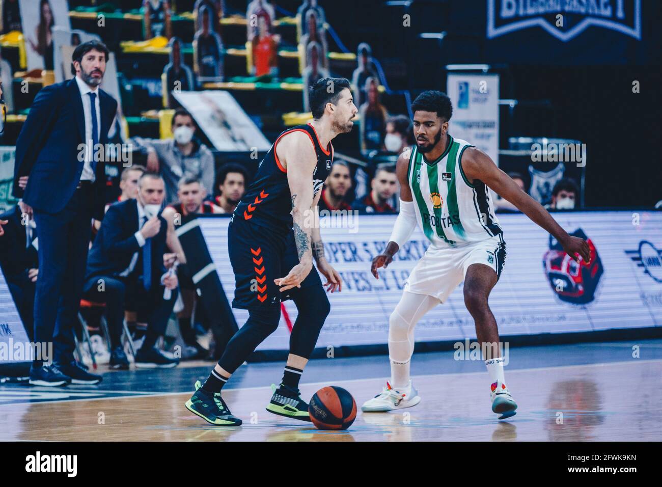 Bilbao, Basque Country, SPAIN. 23rd May, 2021. IOANNIS ATHINAIOU (17) from  Bilbao Basket with the ball during the Liga ACB game between Bilbao Basket  and Joventut at Miribilla Bilbao Arena. Bilbao won