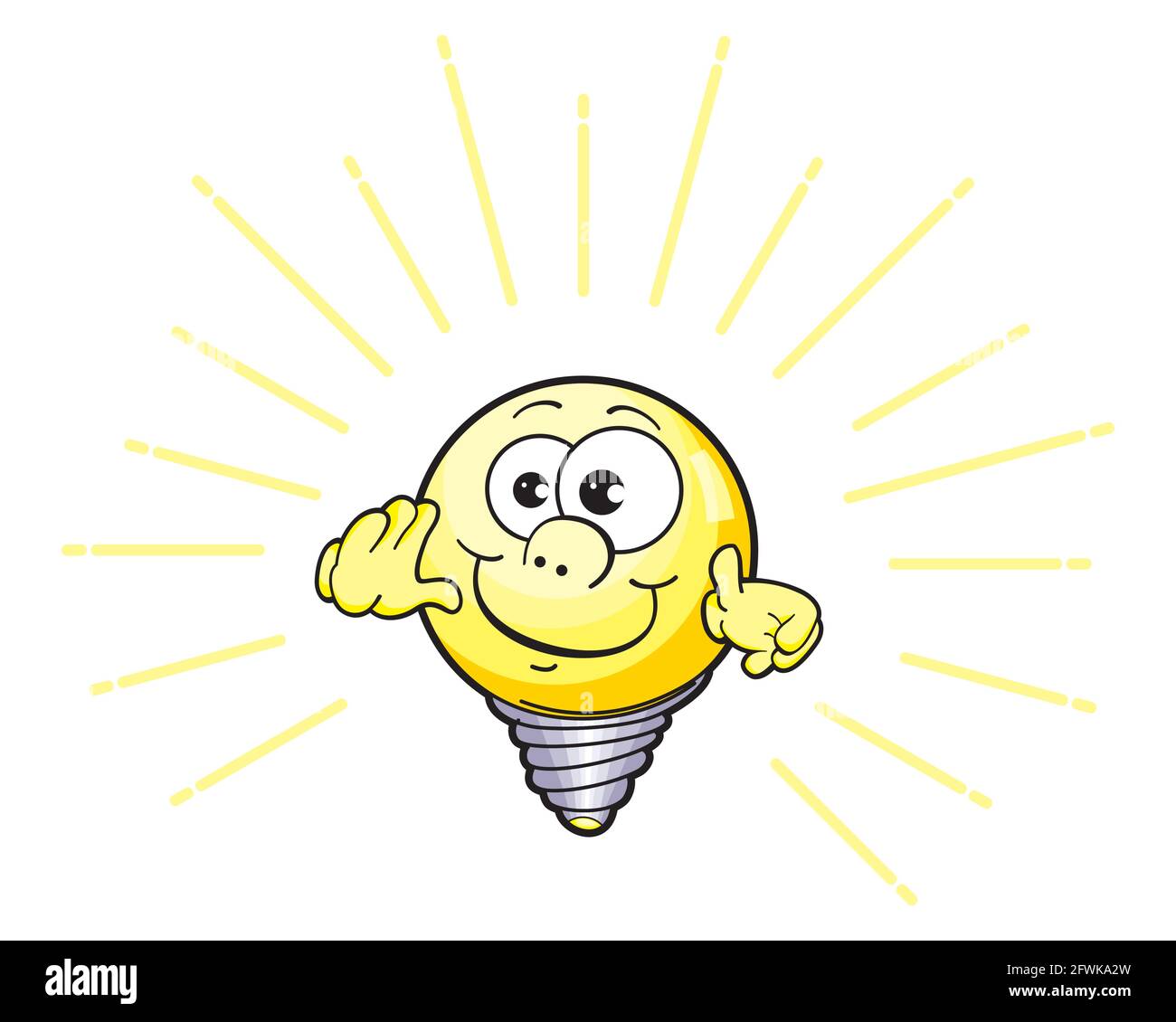 Electric bulb character smiling waving hand. Cartoon light bulb mascot
