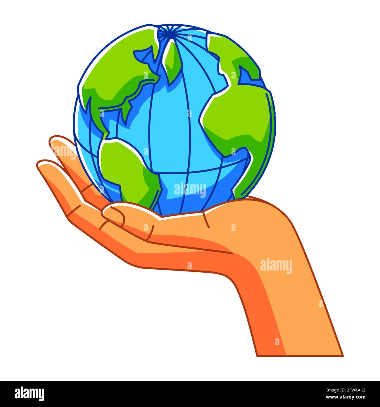 Illustration of hand holding Earth. Ecology concept for environment protection. Stock Vector