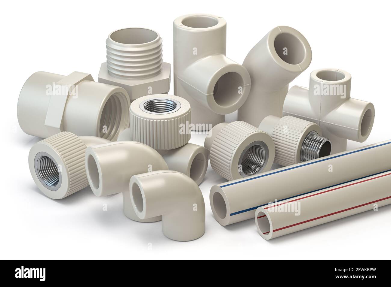 Set of PVC pipe fittings isolated on white. 3d illustration Stock Photo