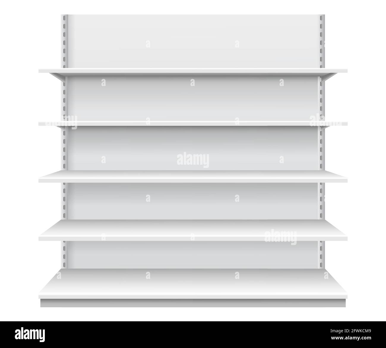 Store shelves. White empty supermarket shelf. Realistic front view showcase display for product advertising. Retail shelving vector template. Blank shop furniture indoor interior isolated Stock Vector
