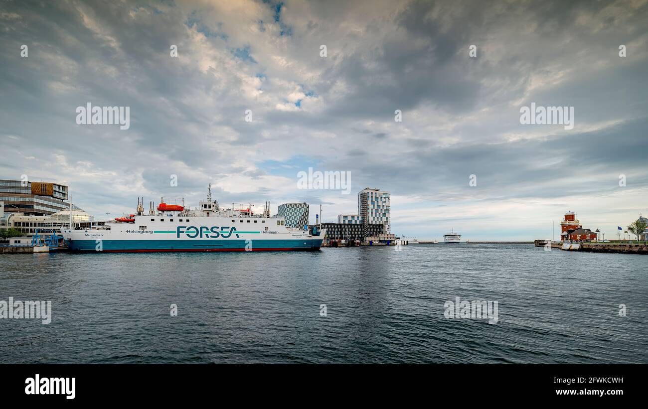 HELSINGBORG, SWEDEN - MAY 14, 2021: Aurora the battery powered passanger and freight ferry sails into Helsingborg harbour in Sweden. Stock Photo