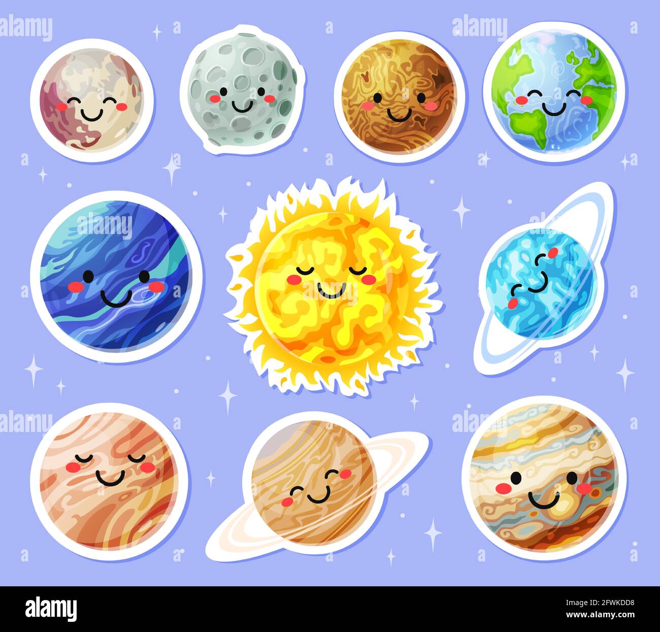 Planet stickers. Cartoon planets with cute faces. Sun, earth, moon, mars sticker. Funny solar system planets characters for kids vector set. Astronomy science education for children Stock Vector