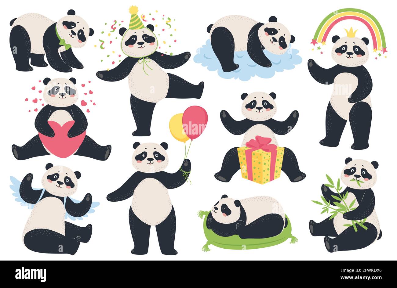 Cute panda. Cartoon funny pandas eating bamboo, sleeping, sitting, holding balloons. Happy asian bears mascot in different poses vector set. Character holding gift box, big heart, rainbow Stock Vector