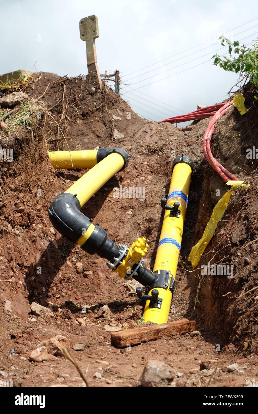May 2021 - Gas pipe diversion works underway in the Somerset village of Cheddar. Stock Photo
