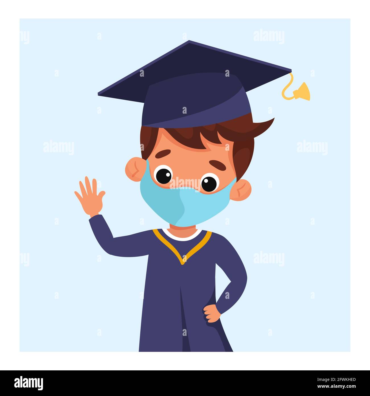 Graduate boy in medical mask, academic cap and mantle celebrating graduation online Stock Vector