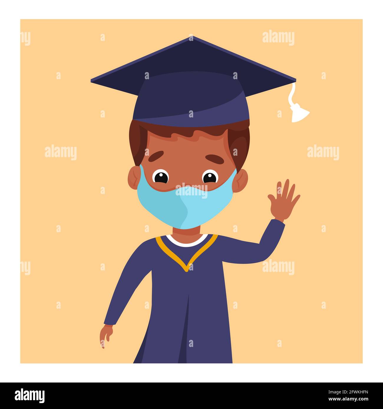 Little boy in medical mask, academic cap and mantle celebrating kindergarten Stock Vector