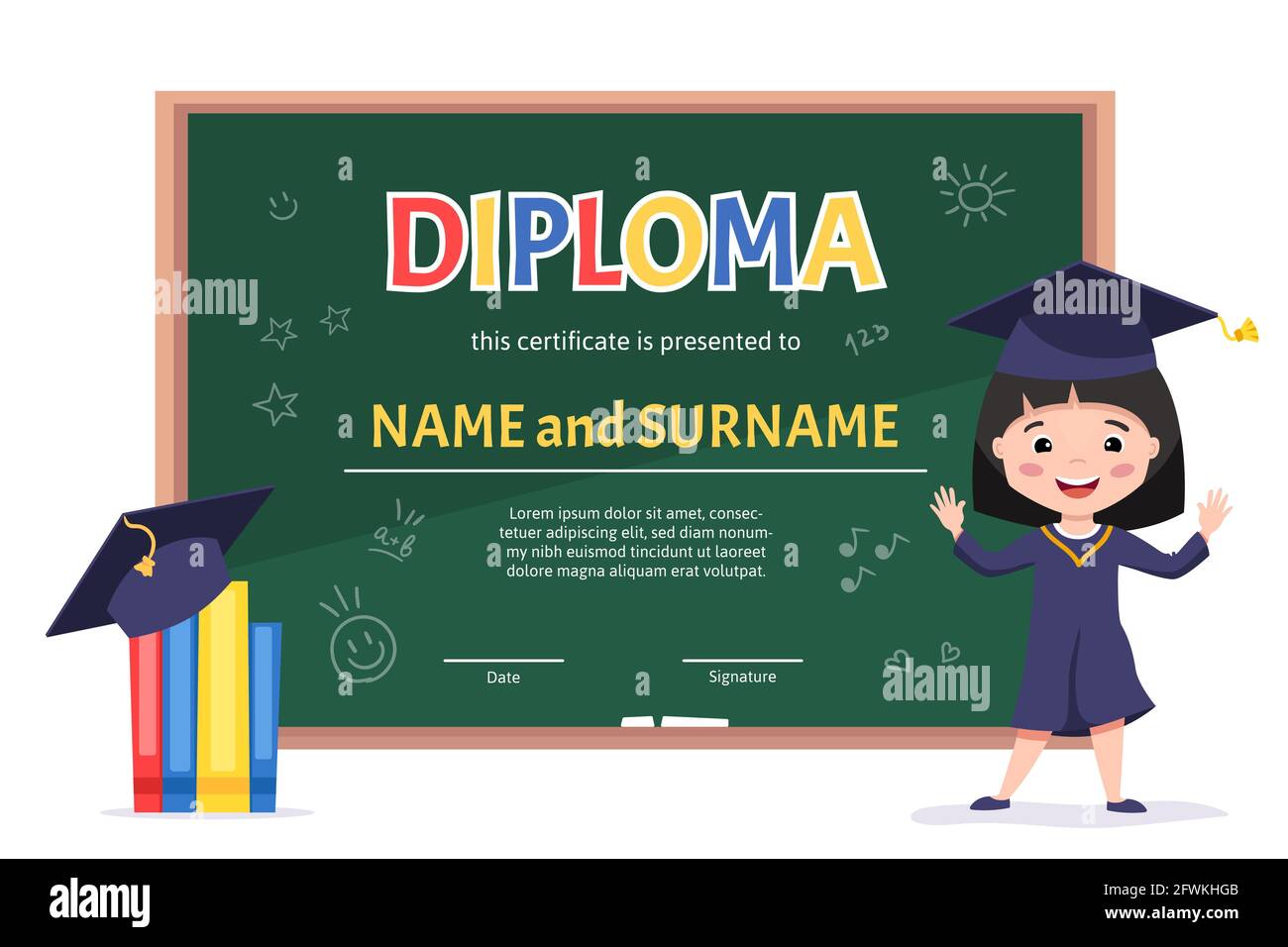 Certificate kids diploma, kindergarten template layout background with