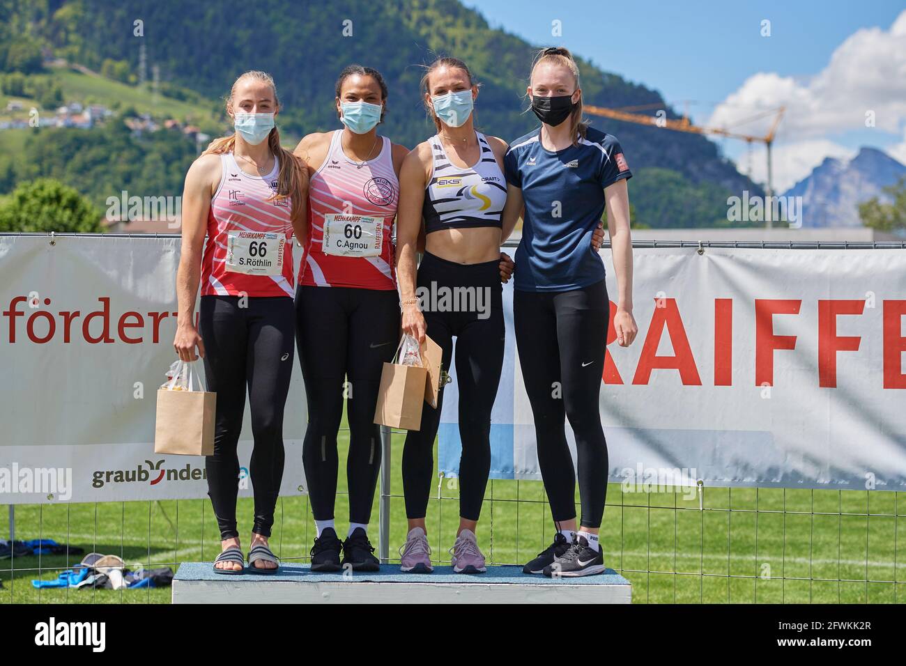 Landquart, Schweiz. 23. Mai 2021. Die Gewinnerinnen bei der Siegerehrung am Leichtathletik Siebenkampf Meeting 2021 in Landquart (von links nach recht Stock Photo