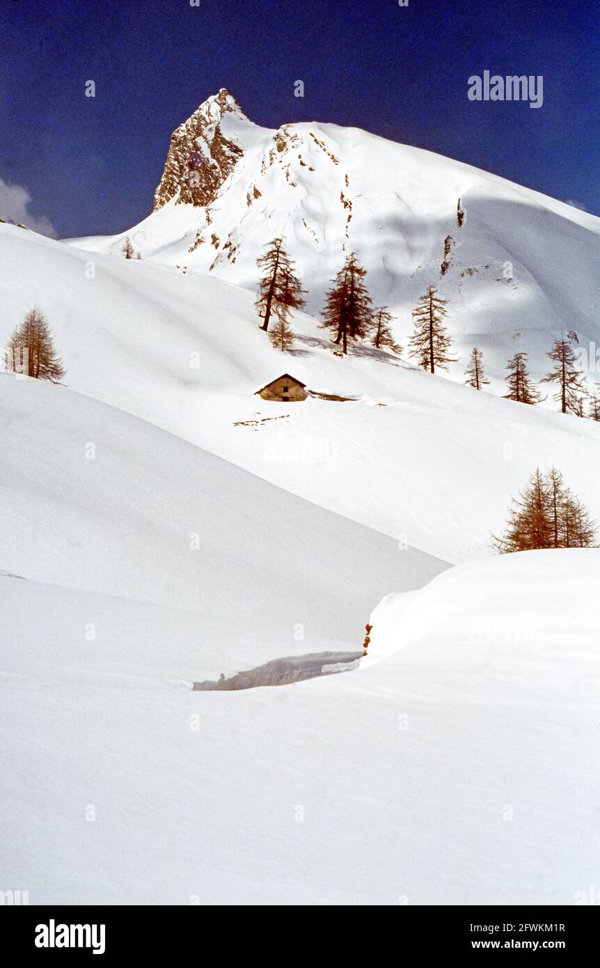 Salendo con gli sci verso il Col Serena in Val d'Aosta Stock Photo