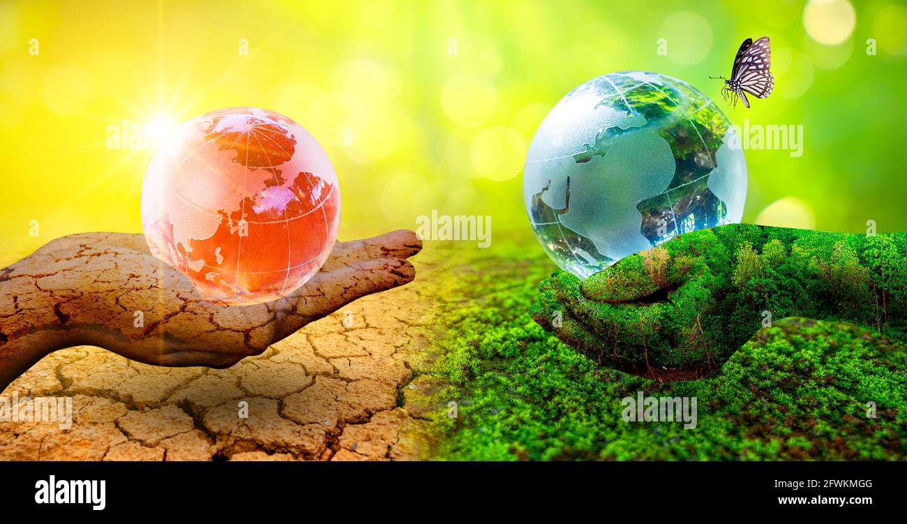 Two orb hands with very different environments Earth Day or World Environment Day Global Warming and Pollution Stock Photo