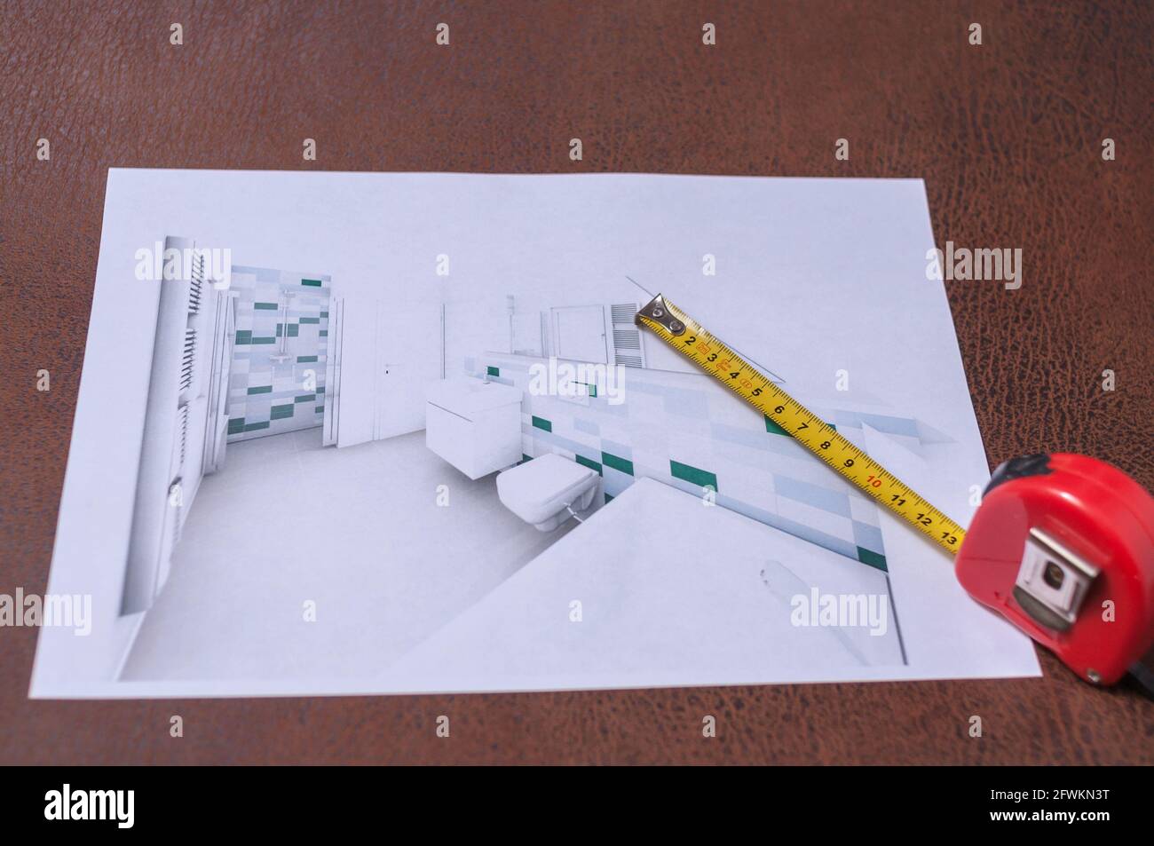 Planning a bathroom with decorative colored tiles. There is a tape