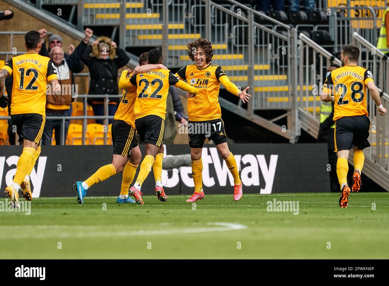 Wolverhampton, West Midlands, UK. 23rd May 2021; Molineux Stadium, Wolverhampton, West Midlands, England; English Premier League Football, Wolverhampton Wanderers versus Manchester United; Fábio Silva celebrates after Nélson Semedo of Wolverhampton Wanderers scores the equaliser in the 39th minute Credit: Action Plus Sports Images/Alamy Live News Stock Photo