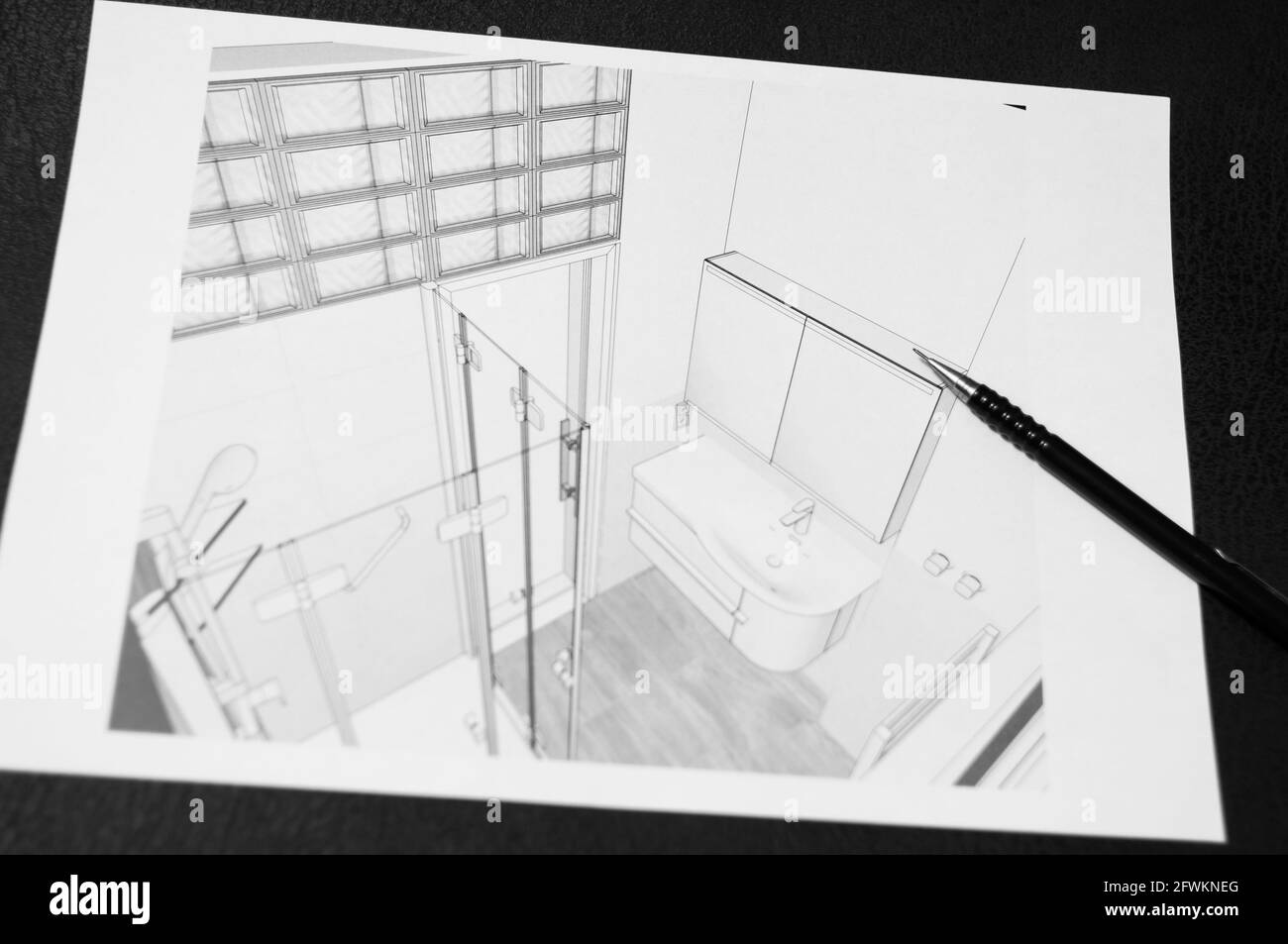 Planning a bathroom with a glass block window. View of the bathroom from an elevated position Stock Photo