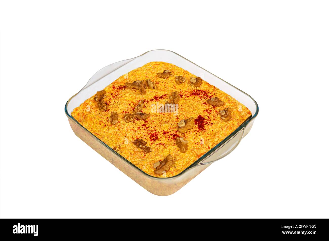 Traditional appetizer dishes "Havuc Tarator" in a glass plate. Top view