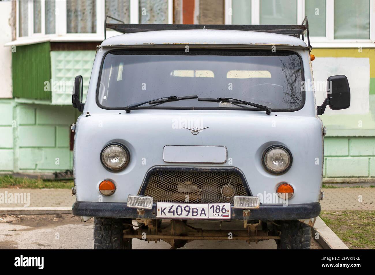 Soviet gray car UAZ. Surgut, Russia - 17, May 2021. Stock Photo