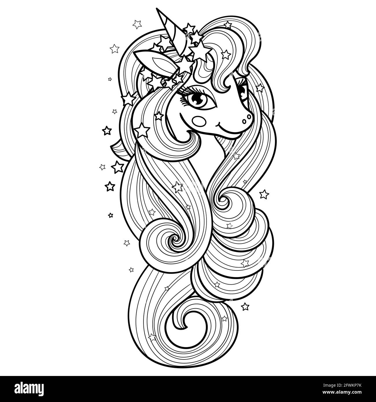 A cute unicorn with a long mane. Black and white linear image. Vector Stock Vector