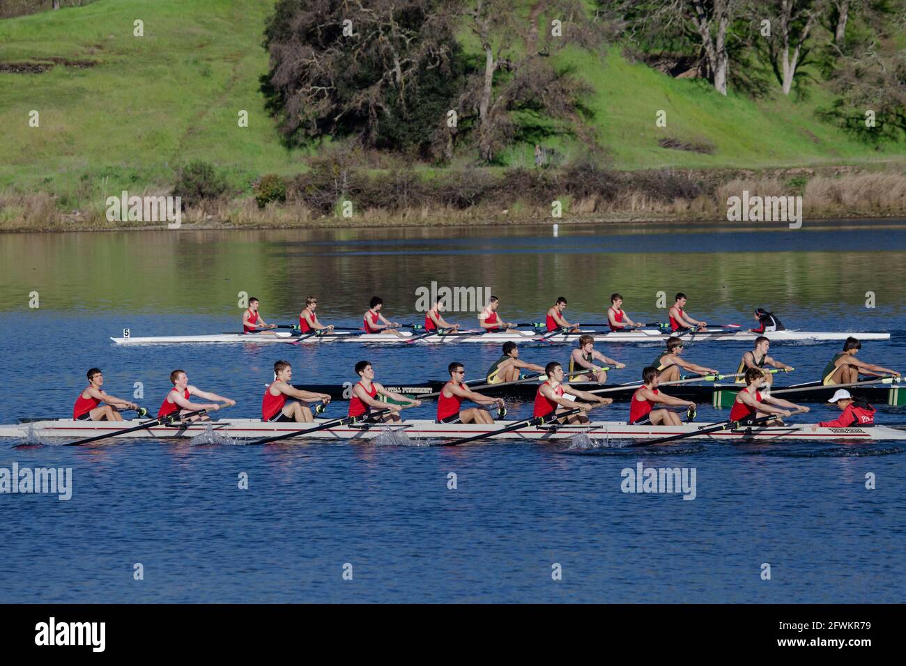Young men's eight rowing teams in close race during regatta in Lake Natoma, California Stock Photo