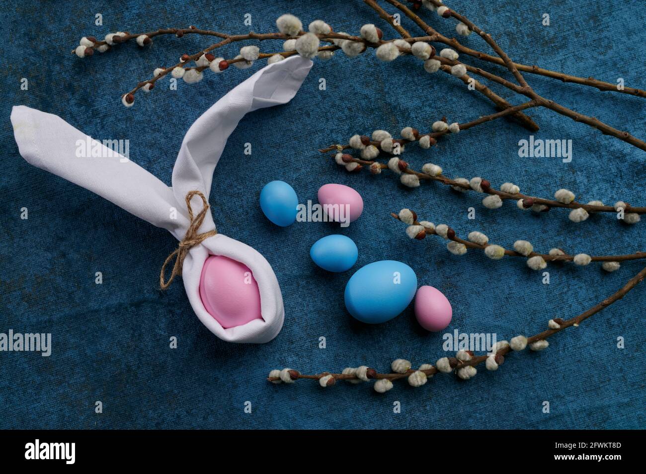 Blooming willow branch and easter eggs Stock Photo