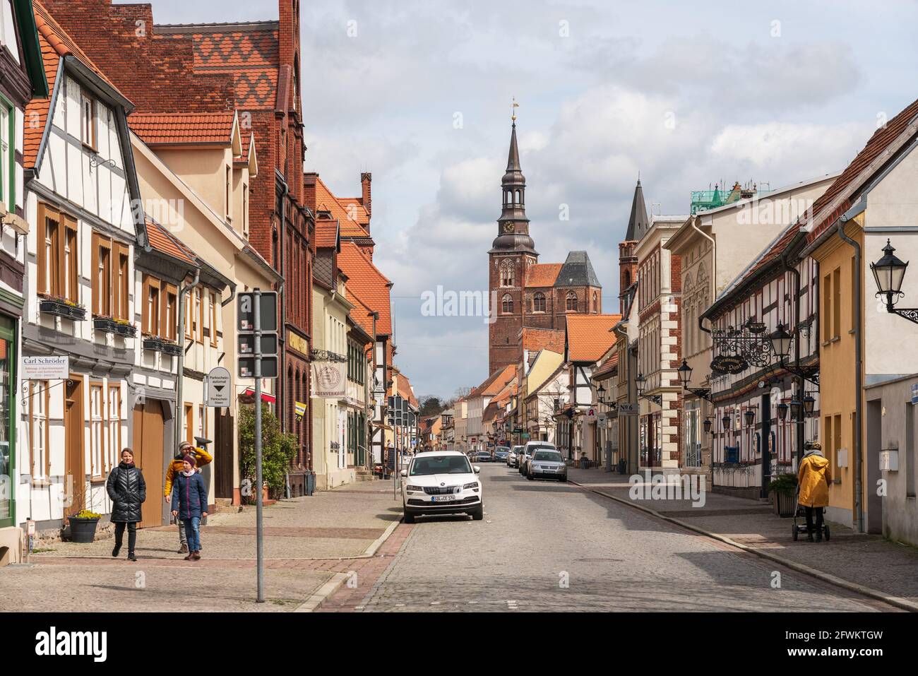 TANGERMUENDE, GERMANY - APRIL 24, 2021: Old street of a historic town of Tangermuende. Saxony-Anhalt state Stock Photo