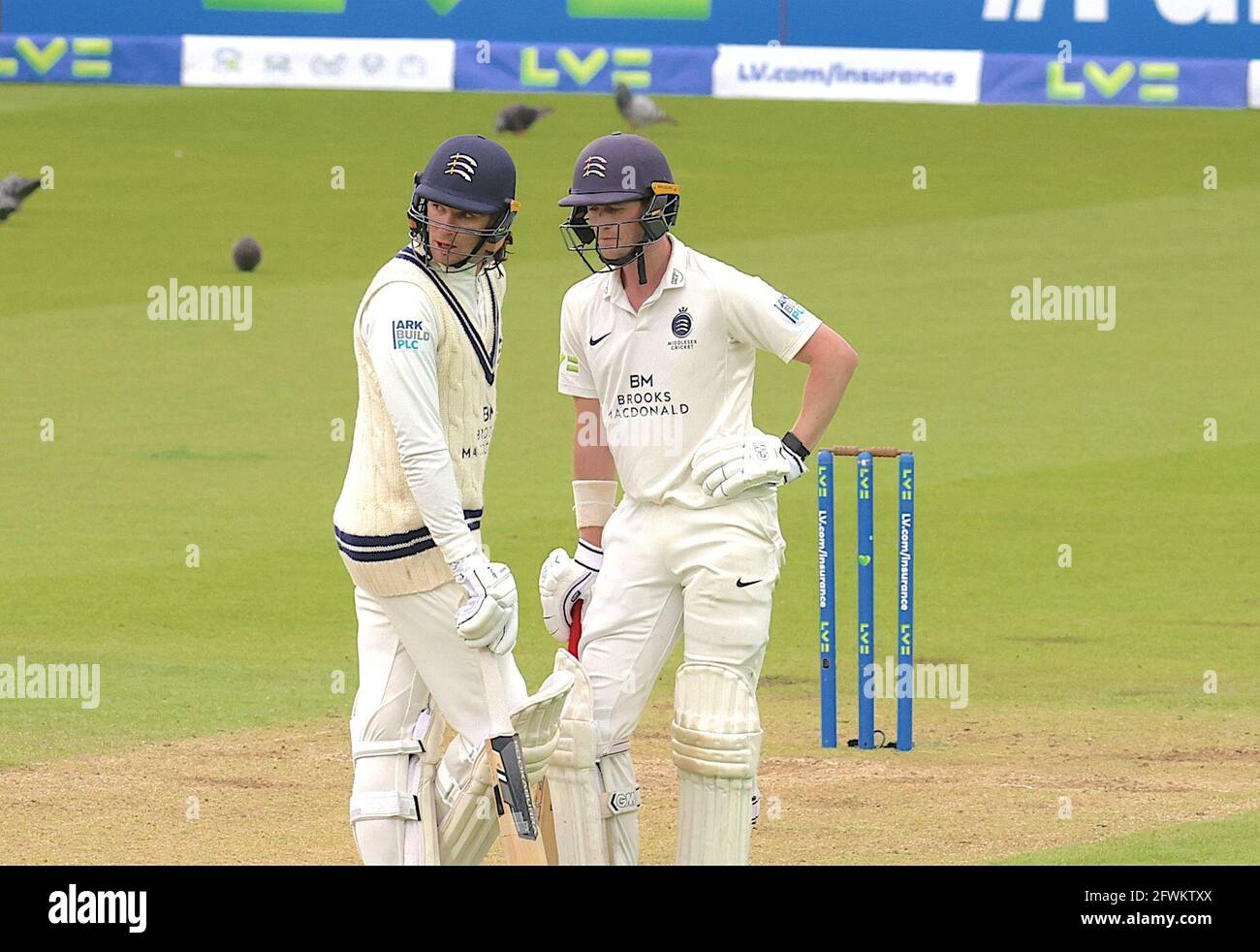London, UK. 23 May, 2021. London, UK. Middlesex’s Peter Handscomb and Nick Gubbins as Surrey take on Middlesex in  the County Championship at the Kia Oval, day four. David Rowe/Alamy Live News Stock Photo