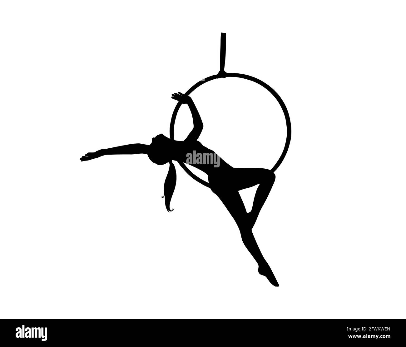 Female athlete silhouette training in the aerial lyra. Woman acrobat in circus. Vector illustration isolated in white background Stock Vector