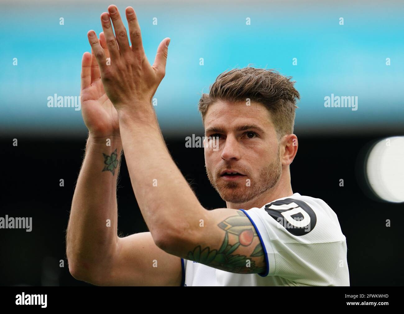 Leeds United's Gaetano Berardi applauds the fans after the final whistle during the Premier League match at Elland Road, Leeds. Picture date: Sunday May 23, 2021. Stock Photo