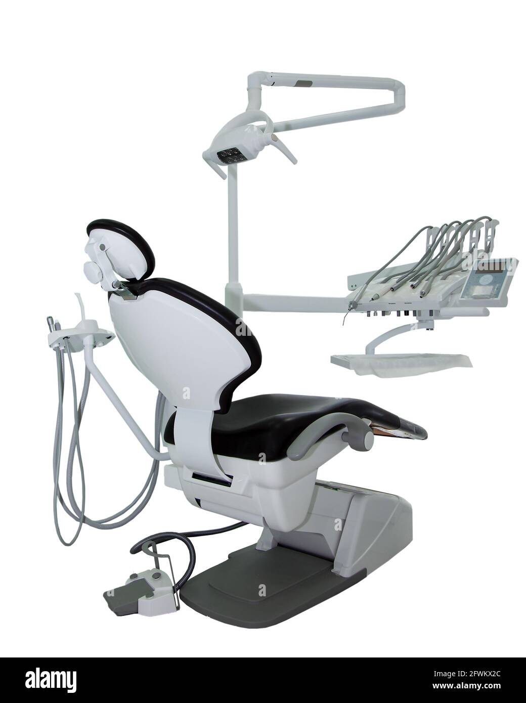 Dentist chair isolated on white background. Orthodontist's workplace for dental treatment