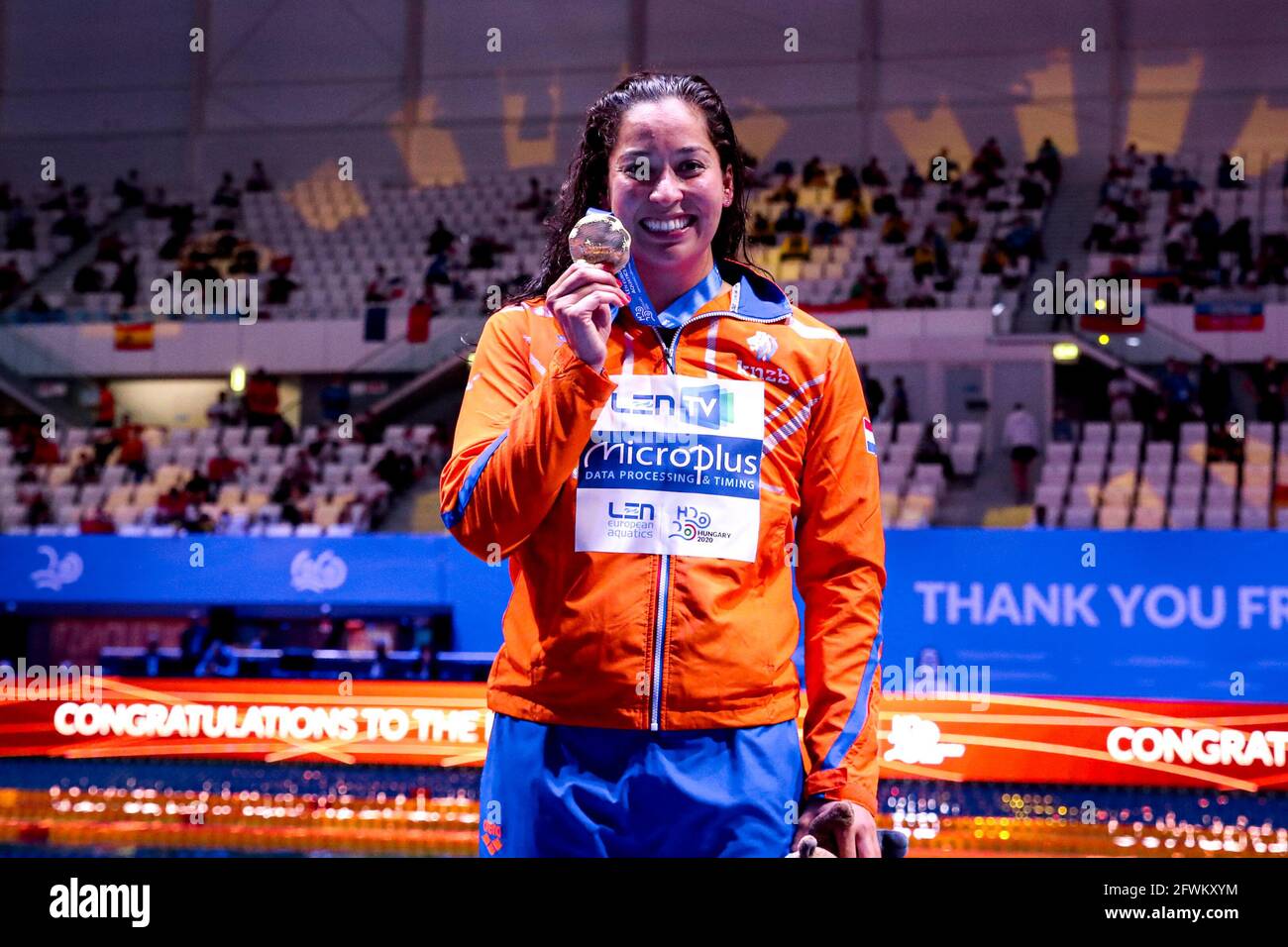 BUDAPEST, HUNGARY - MAY 23: Ranomi Kromowidjojo winner of the gold medal of the Women 50m Butterfly Final during the LEN European Aquatics Championships Swimming at Duna Arena on May 23, 2021 in Budapest, Hungary (Photo by Marcel ter Bals/Orange Pictures) Credit: Orange Pics BV/Alamy Live News Stock Photo