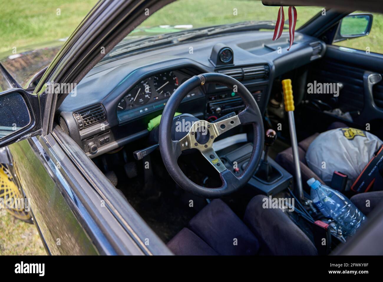 21-05-2021 Riga Latvia sports car interior with roll cage and drift  handbrake night photography Stock Photo - Alamy